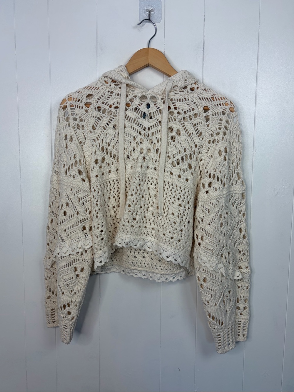 By Anthropologie Boxy Crochet Hooded Sweater Cream Size Small New Boho Festival - Picture 5 of 11